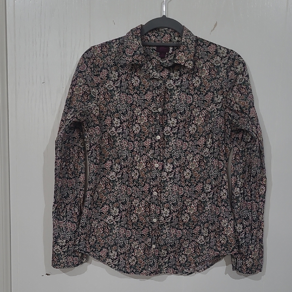 J. Crew Womens Slim Perfect Liberty Fabric Floral Black Button Front Shirt Sz. 4